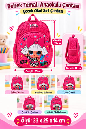 LOL Surprise Anaokulu Okul Çantası Çocuk Sırt Çantası Günlük Okul Kullanımı 33 x 25 x 14 cm