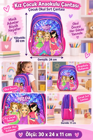 Wilda Girl Anaokulu Okul Çantası Çocuk Sırt Çantası Günlük Okul Kullanımı 30 x 24 x 11 cm