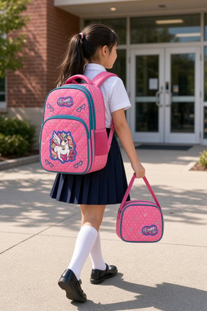 Unicorn Pembe Benekli İlkokul Okul Çantası Beslenme Çantası Çocuk 2'li Set 37 x 28 x 20 cm