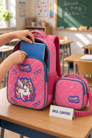 Unicorn Pembe Benekli İlkokul Okul Çantası Beslenme Çantası Çocuk 2'li Set 37 x 28 x 20 cm