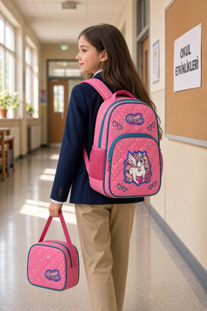 Unicorn Pembe Benekli İlkokul Okul Çantası Beslenme Çantası Çocuk 2'li Set 37 x 28 x 20 cm