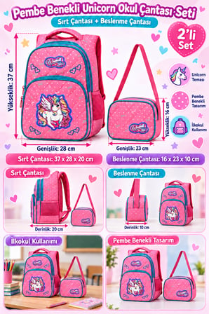 Unicorn Pembe Benekli İlkokul Okul Çantası Beslenme Çantası Çocuk 2'li Set 37 x 28 x 20 cm