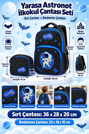 Yarasa Astronot İlkokul Okul Çantası Beslenme Çantası Sırt Çantası 2'li Set 36 x 28 x 20 cm