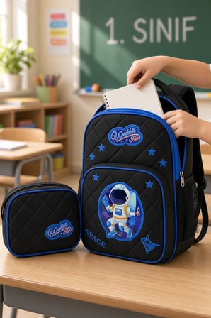 Yarasa Astronot İlkokul Okul Çantası Beslenme Çantası Sırt Çantası 2'li Set 36 x 28 x 20 cm
