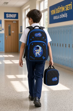 Yarasa Astronot İlkokul Okul Çantası Beslenme Çantası Sırt Çantası 2'li Set 36 x 28 x 20 cm
