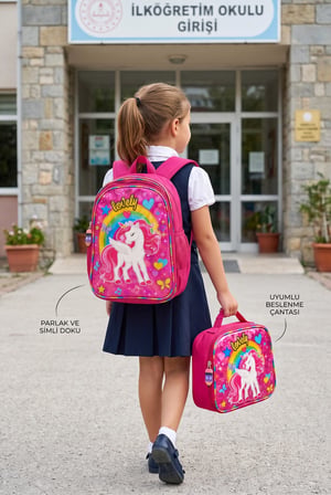 Unicorn İlkokul Okul Çantası Beslenme Çantası Sırt Çantası Simli 2'li Set 35 x 27 x 15 cm