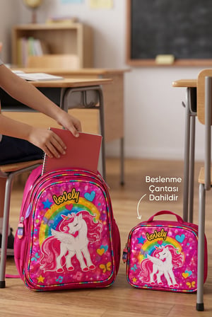 Unicorn İlkokul Okul Çantası Beslenme Çantası Sırt Çantası Simli 2'li Set 35 x 27 x 15 cm