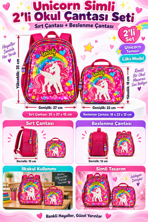 Unicorn İlkokul Okul Çantası Beslenme Çantası Sırt Çantası Simli 2'li Set 35 x 27 x 15 cm