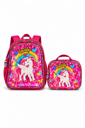 Unicorn İlkokul Okul Çantası Beslenme Çantası Sırt Çantası Simli 2'li Set 35 x 27 x 15 cm