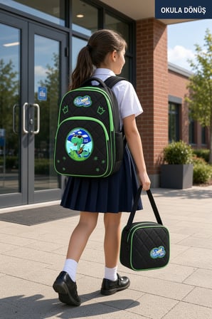 Yarasa Dinozor İlkokul Okul Çantası Beslenme Çantası Sırt Çantası 2'li Set 37 x 27 x 20 cm
