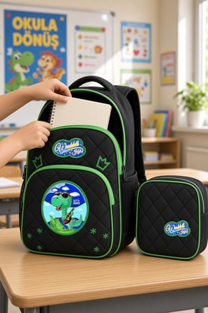 Yarasa Dinozor İlkokul Okul Çantası Beslenme Çantası Sırt Çantası 2'li Set 37 x 27 x 20 cm