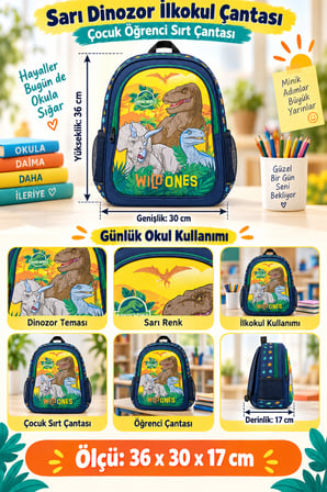 Sarı Dinozor Temalı İlkokul Çantası Çocuk Öğrenci Sırt Çantası Günlük Kullanım 36 x 30 x 17 cm