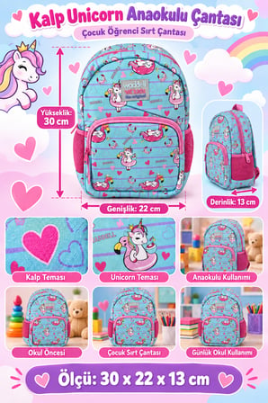 Kalp Unicorn Anaokulu Okul Çantası Çocuk Öğrenci Sırt Çantası Günlük Kullanım 30 x 22 x 13 cm