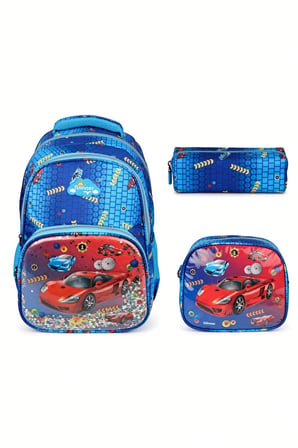 Kırmızı Araba İlkokul Çantası Beslenme Çantası Kalemlik Kabartmalı 3'lü Set 40 x 28 x 15 cm