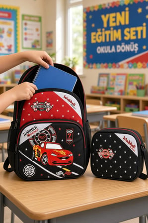 Speedy Car Araba İlkokul Okul Çantası Beslenme Çantası Sırt Çantası 2'li Set 36 x 28 x 20 cm