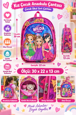Wilda Girl Anaokulu Okul Çantası Çocuk Sırt Çantası Günlük Okul Kullanımı 30 x 22 x 13 cm