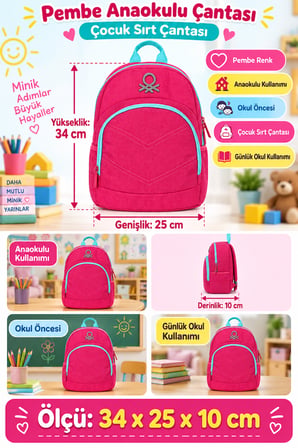 Pembe Anaokulu Okul Çantası Çocuk Sırt Çantası Okul Öncesi Günlük Kullanım 34 x 25 x 10 cm