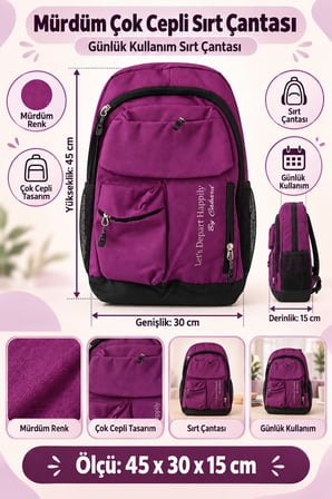 Mürdüm Çok Cepli Okul Çantası Çocuk Sırt Çantası Günlük Kullanım 45 x 30 x 15 cm
