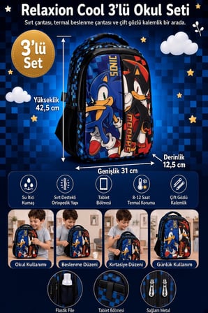 Sonic Shadow Çift Bölmeli Okul Çantası 42,5 cm Su İtici Tablet Bölmeli Ergonomik Sırt Destekli