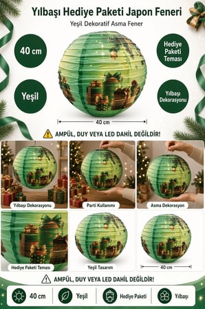 Japon Feneri Çin Feneri Yılbaşı Yeşil Hediye Paketi Temalı Dekoratif Asma Fener 40 cm