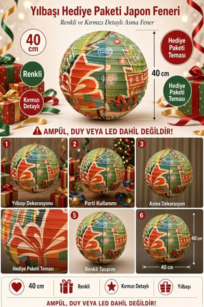 Japon Feneri Çin Feneri Yılbaşı Kırmızılı Renkli Hediye Paketi Temalı Dekoratif Asma Fener 40 cm