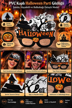 Halloween Cadılar Bayramı PVC Kaplı Parti Gözlüğü Şatolu Hayaletli Balkabaklı Kostüm Aksesuarı
