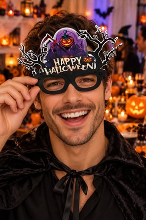 Halloween Cadılar Bayramı PVC Kaplı Parti Gözlüğü Mor Balkabaklı Happy Halloween Kostüm Modeli