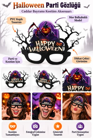Halloween Cadılar Bayramı PVC Kaplı Parti Gözlüğü Mor Balkabaklı Happy Halloween Kostüm Modeli