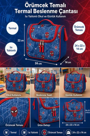 Spider Örümcek Adam Beslenme Çantası Çocuk Okul Yemek Çantası Termal Isı Yalıtımlı 24x22x14 cm