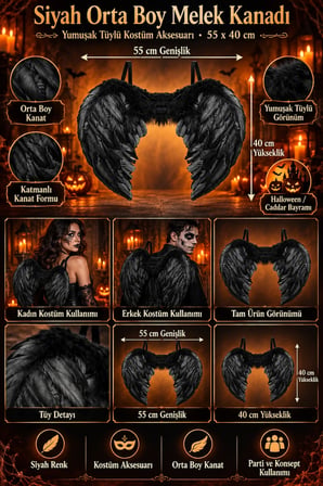 Siyah Orta Boy Melek Kanadı Yumuşak Tüylü Halloween Cadılar Bayramı Kostüm Aksesuarı 55x40 Cm