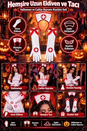 Hemşire Uzun Eldiven Hemşire Tacı Şapka Görünümlü Halloween Cadılar Bayramı Parti Aksesuarı Seti