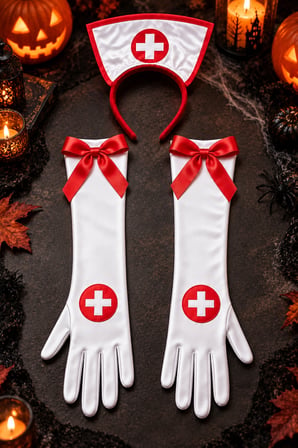 Hemşire Uzun Eldiven Hemşire Tacı Şapka Görünümlü Halloween Cadılar Bayramı Parti Aksesuarı Seti