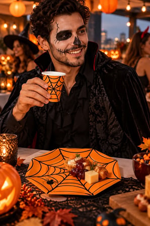 Halloween Turuncu Örümcek Ağı Desenli Karton Bardak Tabak 16'lı Cadılar Bayramı Parti Seti