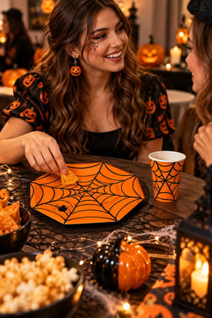 Halloween Turuncu Örümcek Ağı Desenli Karton Bardak Tabak 16'lı Cadılar Bayramı Parti Seti