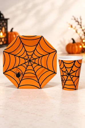 Halloween Turuncu Örümcek Ağı Desenli Karton Bardak Tabak 16'lı Cadılar Bayramı Parti Seti
