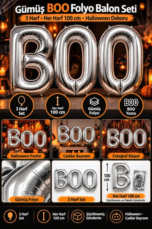 Halloween BOO Yazılı Gümüş Folyo Balon 3 Harf Set Her Biri 100 cm Cadılar Bayramı Parti Süsü