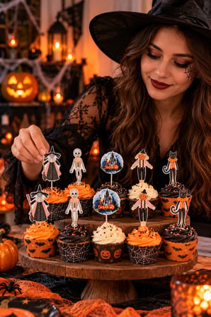 Halloween Kürdan Süsü 10'lu Kalın Kuşe Şekilli Cupcake Topper Cadılar Bayramı Pasta Süsü Seti