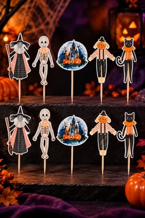Halloween Kürdan Süsü 10'lu Kalın Kuşe Şekilli Cupcake Topper Cadılar Bayramı Pasta Süsü Seti