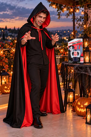 Halloween Cadılar Bayramı 150 cm Kapüşonlu Siyah Kırmızı Pelerin Vampir Kanı ve Diş Seti
