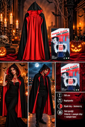 Halloween Cadılar Bayramı 150 cm Kapüşonlu Siyah Kırmızı Pelerin Vampir Kanı ve Diş Seti