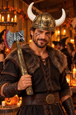Halloween Cadılar Bayramı Viking Savaşçı Kostüm Seti Kanlı Balta ve Çift Boynuzlu Gold Miğfer