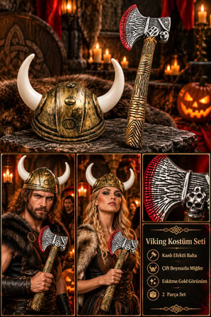 Halloween Cadılar Bayramı Viking Savaşçı Kostüm Seti Kanlı Balta ve Çift Boynuzlu Gold Miğfer