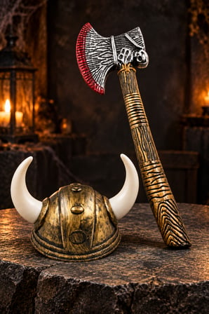 Halloween Cadılar Bayramı Viking Savaşçı Kostüm Seti Kanlı Balta ve Çift Boynuzlu Gold Miğfer
