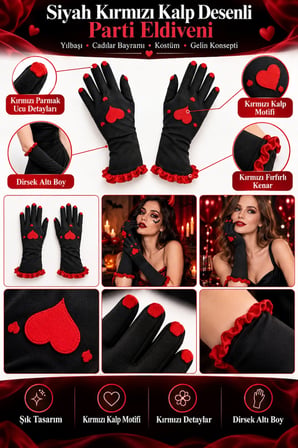 Siyah Uzun Parti Eldiveni Kırmızı Kalp Desenli Kostüm Yılbaşı Halloween Cadılar Bayramı Bride