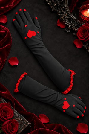 Siyah Uzun Parti Eldiveni Kırmızı Kalp Desenli Kostüm Yılbaşı Halloween Cadılar Bayramı Bride