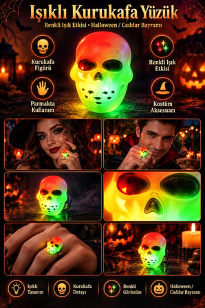 Işıklı Kurukafa Yüzük Halloween Cadılar Bayramı Renkli Işık Efektli Parti Kostüm Aksesuarı