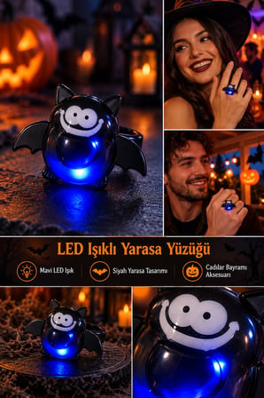 Halloween Cadılar Bayramı LED Işıklı Yarasa Yüzüğü Siyah Mavi Işık Efektli Kostüm Aksesuarı