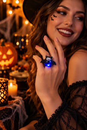Halloween Cadılar Bayramı LED Işıklı Yarasa Yüzüğü Siyah Mavi Işık Efektli Kostüm Aksesuarı