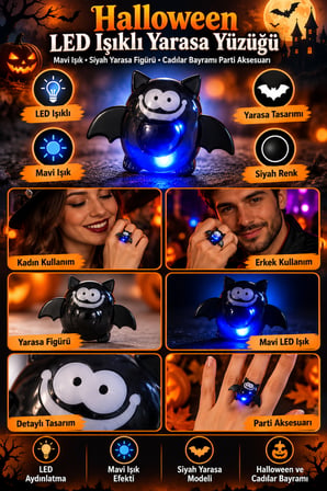 Halloween Cadılar Bayramı LED Işıklı Yarasa Yüzüğü Siyah Mavi Işık Efektli Kostüm Aksesuarı