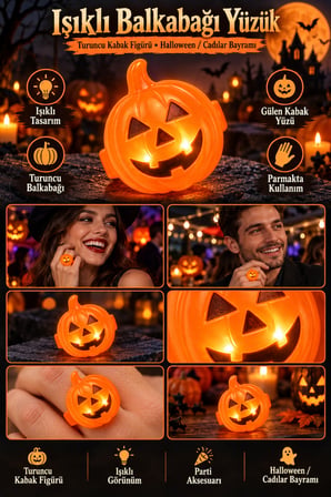 Işıklı Balkabağı Yüzük Halloween Cadılar Bayramı Turuncu Kabak Figürlü Parti Kostüm Aksesuarı